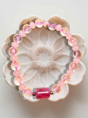 8mm Faceted Quartz & Rose Quartz Bracelet Pink Accent Statement